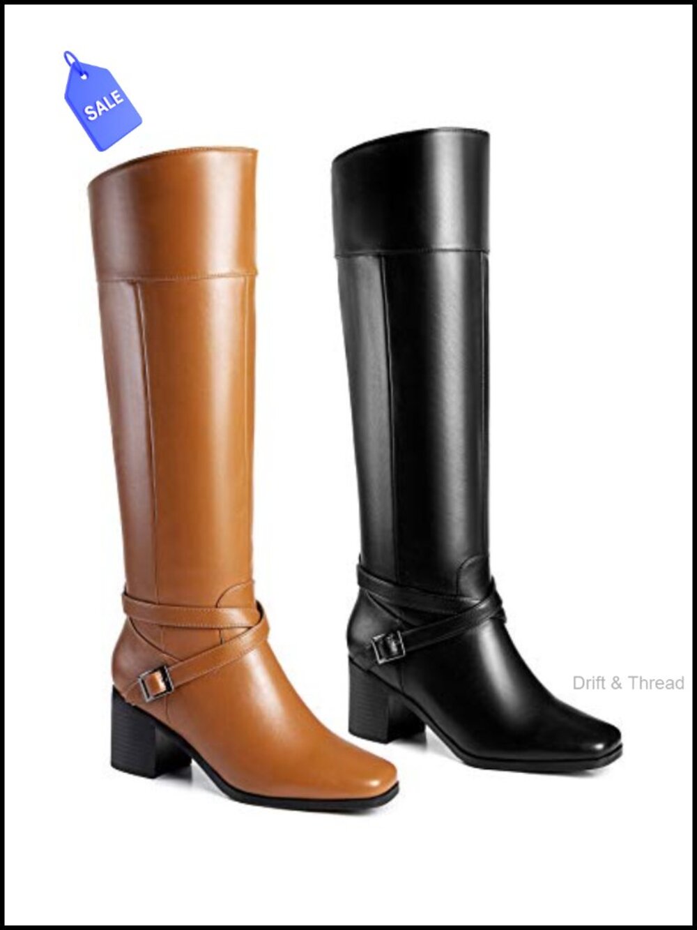 Faux Leather Knee-High Boots Square Toe Block Heel Crisscross Buckle Straps